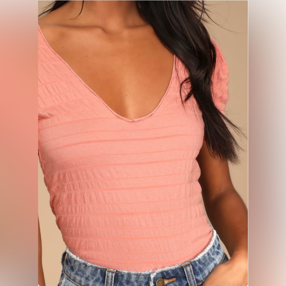 We The Free by Free People,Sugar Cube Ruched Short Sleeve Top Coral Color Size M